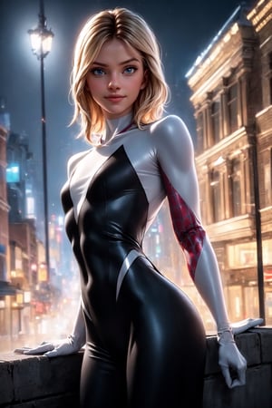 (Alone:1.5), (Solo:1.5), ((Medium full shot:1.5)), realistic, masterpiece,best quality,High definition, (realistic lighting, sharp focus), high resolution,volumetric light, outdoors, dynamic pose, BREAK, a 25 years old woman
on top of a building during a starry night, spidergirl, hair movement, blond_hair, blue_eyes, focus face,  looking away, Smile,gwen, city light, medium breats,