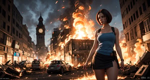 masterpiece, best quality,(extremely intricate), (realistic),Medium full shot, jill valentine, police_uniform, ((serious face)), outdoors, ((ruined city)), ((zombie hordes behind)), looking away, ,fantasy00d,jill valentine, atletic body, flames,volume,1 girl, mini skirt,jvre, volumetric light, dramatic flames,  looking at viewer, ((dirty skin:1.2)), hip gun holder, mid night, clock tower behind
