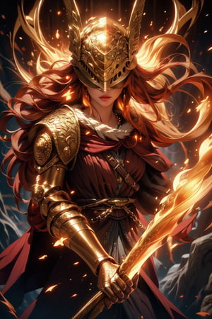 ((medium full shot:1.5)), (masterpiece, best quality:1.1),fantasy, intricate, illustration ,soft lighting, specular lighting, extremely detailed, hyper detailed, realistic, perfect face, ,sharp focus, (4k), 1girl, malenia blade of miquella, castle background, covered eyes,winged helmet, (golden particles effect:1.4),(red flames of rot:1.2),midjourney, close, red hair
