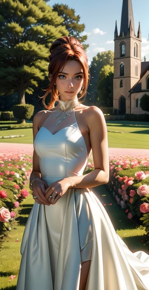 a beauty woman in wedding dress, outdoors, rose field, grass, church behind.,ClaireRedfield, long_ponytail, hourglas body