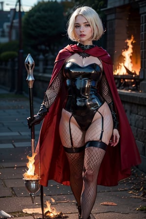 a 25 years old woman, A black knight, red eyes, glowing eyes:1.3, bloody white hair, full-body_portrait, ((soft smile:1.5)), ((looking away:1.3)), breats, hair movement, outdoors, hourglas body, fire ashes,black cape, breats, curvy_figure, hood in head, holding a magic staff. fishnet pantyhose


