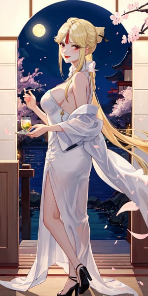Ningguang, original_character, cherry blossom park in japan background in the night, elegant dress, blonde hair, Standing facing the camera, she faces the sky seductively, red lips, smile,
