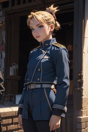 (Alone:1.5), (Solo:1.5), ((Medium full shot:1.5)), realistic, masterpiece,best quality,High definition, (realistic lighting, sharp focus), high resolution,volumetric light, outdoors, dynamic pose, RH, a 25 years old woman, pony_tail, folded ponytail, military uniform, ((medium breats:1.4)), focus face, looking away, hair movement,