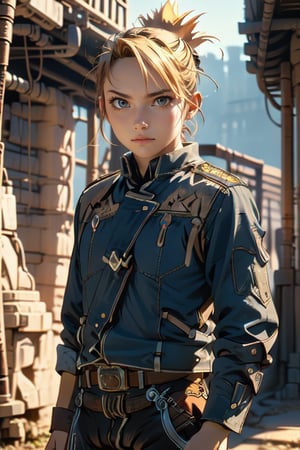 (Alone:1.5), (Solo:1.5), ((Cowboy shot:1.5)), realistic, masterpiece,best quality,High definition, (realistic lighting, sharp focus), high resolution,volumetric light, outdoors, dynamic pose, RH, a 25 years old woman, pony_tail, folded ponytail, military uniform, medium breats, focus face, looking away, hair movement, 