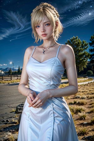 alone, solo, Cowboy shot, A 25 years old woman, short hair, blonde hair,FFLuna, long hair, soft smile,  outdoors, night, starry sky, park, green grass, three, female hands, bledding dress