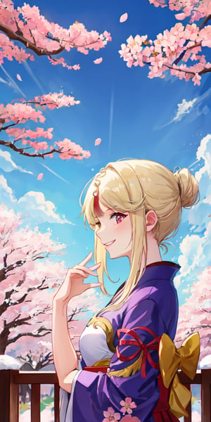 Ningguang, original_character, 
cherry blossom park in japan background, original dress, profile view, smile, blonde hair
