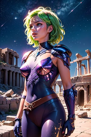 masterpiece,best quality,High definition, (realistic lighting, sharp focus), high resolution, ((volumetric light), ((Medium full shot:1.5)),,a woman, shoulder pads, armor, bodysuit, shoulder armor, pauldrons, fingerless gloves, ((closed mouth:1.5)), looking away, greek ruins, dust, fog, starry sky, Mountains, short hair, green hair, soft smile,Shaina
