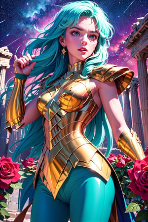 masterpiece,best quality,High definition, (realistic lighting, sharp focus), high resolution, ((volumetric light), ((Medium full shot1.5)),,a woman knight, Aqua hair, , Long hair, greek temple, roses, roses petails in the hair, looking at viewer, starry sky, Gold armor, soft smile, pink lips, juicy lips,((closed mouth)), fight pose, green pants, greek temple