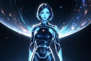 Alone:1.2, Solo:1.2, ((Medium full shot:1.3)), realistic, masterpiece,best quality,High definition, (realistic lighting, sharp focus), high resolution,volumetric light, outdoors, dynamic pose, BREAK, a 25 years old girl in the spaceship, focus face ,thewpn, ((blue skin:1.5)), blue bodysuit, medium breasts, cowboy shot, black background, science fiction, gradient background, looking at viewer, ((hologram body:1.5)) ,More Detail, Blue Hair, looking away, volumetric ligt, shy smile, ((Starry galaxy behind:1.3)), Dynamic Pose, huge body