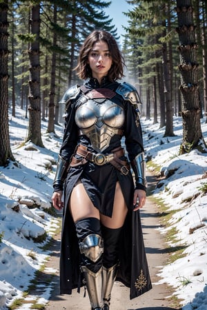 FULL BODY,   looking away, 30 years old woman walking in the forest, realism, detailed, girl, portrait, upper body,cloak,clothed, soft smile, fia_the_deatbed_companion, forest, dust, fog, starry sky, large_breast, short hair, intrincade detail armor, raytracing, hair movement,  flower, ((snow)),  ((snow particles)), ((soft smile))