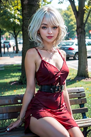 ,a  25 years old woman sitting on a benchpark in the park in the night, starry sky, elegant dress, starrk sky, breats, crossed legs,, shy smile, ((red dress:1.3)), intrincade detail dress, aesthetic background, night, ((white hair:1.3)), short hair, juicy lips, hair movement,  wide hips, thin waist, sensual face, ((mole on the cheek)), bodycon dress, trees, grass, parke, flowers, petals in the air 

