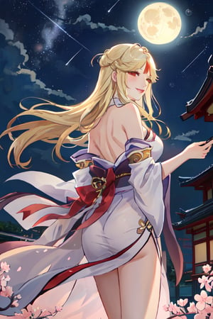 Ningguang, original_character, cherry blossom park in japan background in the night, elegant dress, blonde hair, looking away, seductively, natural color lips, smile, HDR, little full moon rising on the horizon, night with meteor shower

