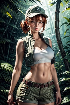 ((Alone:1.4)), ((Solo:1.4)), ((MEDIUM FULL SHOT:1.5)),realistic, masterpiece,best quality,High definition, (realistic lighting, sharp focus), high resolution, volumetric light, outdoors, dynamic pose, ,KOFKulaD, ((a 25 years old woman in a dense jungle)),((thin waist, wide hips)), ((Huge breats:1.2)) ,FioDef, hair between eyes,fiodef, orange hair, hat, baseball cap, crop top, shorts, midriff, vest, navel, belt, short shorts, tank top, cleavage, brown shorts