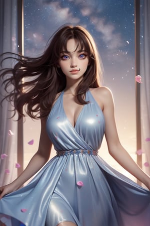 Masterpiece, Best Quality, Photorealistic, High Resolution, 8K Raw), smile, 1 girl, solo, long hair, (brown hair, bangs:1.1), big breasts, Light, busty and sexy girl, wearing a flowing dress with a starry sky pattern and flowers, starry dress, ((shy smile:1.5)), hair movement, brunette hair, juicy lips, tight dress, make up, looking away,kanamechidori, (petals:1.5), (Shooting Star behind)