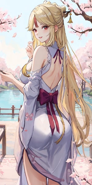 Ningguang, original_character, cherry blossom park in japan background, original dress, blonde hair, Standing with her back to the camera she faces the camera seductively