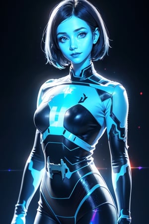 Alone:1.2, Solo:1.2, ((Medium full shot:1.3)), realistic, masterpiece,best quality,High definition, (realistic lighting, sharp focus), high resolution,volumetric light, outdoors, dynamic pose, BREAK, a 25 years old girl in the spaceship, focus face ,thewpn, ((blue skin:1.5)), blue bodysuit, medium breasts, cowboy shot, black background, science fiction, gradient background, looking at viewer, ((hologram body:1.5)) ,More Detail, Blue Hair, looking at viewer, volumetric ligt, shy smile, 