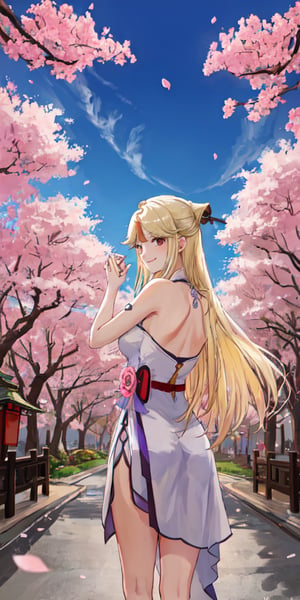 Ningguang, original_character, 
cherry blossom park in japan background, original dress, seen from behind with his hands crossed and turning to see the camera, smile, blonde hair, pose
