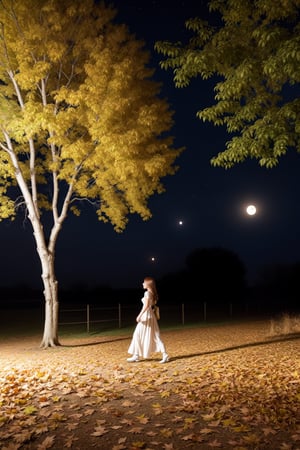 from bellow, professional photo of a mistery woman walking on a park in a beatifull night, light dust, flower, birds, windy day, ((leaves in the air:1.3)),poakl, high saturation, long white dress, dust, dense fog, (night:1.3), volumetric light, moon light