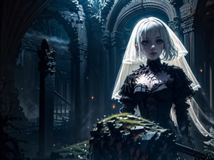 (((alone:1.2,solo:1.2))),(masterpiece),A 30 years old girl, scary girl,  white hair, dark theme, large hair, lost face, white eyes,   absurdres, (absurdly detailed:1.2), floating hair, one piece dress, black dress, (((fractal skin))) , ((medium full shot:1.2)), (((black veil))),gothic city, pale skin,. looking away, ,horror, light fog, starry_night