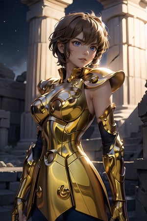  masterpiece,best quality,High definition, (realistic lighting, sharp focus), high resolution, ((volumetric light), ((Medium full shot:1.5)), a woman, greek ruins, lookin away, focus face, hair movement, intrinsecal detail armor, ,leoarmor,golden armor, outdoors, dust, hair movement, brunete hair, outdoors, starry sky, short hair