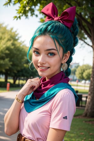  (((happy, big smile, solo, looking at viewer))),(masterpiece, best quality),bulma, 1girl, solo, blue eyes, blue hair, aqua hair, single braid, braided ponytail, hair ribbon, red ribbon, hair bow, earrings, short dress, pink dress, vertical-striped dress, short sleeves, belt, clothes writing, , purple scarf. park, outdoors,detailed hands, soft smile, looking away