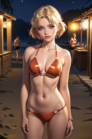 ((alone:1.5)). ((Solo:1.5)), ((MEDIUM FULL SHOT:1.5)),realistic, masterpiece,best quality,High definition, , high resolution, a 35 years old  woman in the beach at the night, blonde hair, short hair,outdoors, in the beach, bikini, ((shy smile:1.5)), red lips,  gold bikini,More Detail