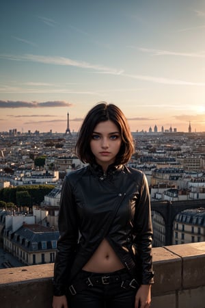 ((alone:1.5)). ((Solo:1.5)), ((MEDIUM FULL SHOT:1.5)),realistic, masterpiece,best quality,High definition, (realistic lighting, sharp focus),  a 25 years old Latin woman, Roma Latina girl with white skin, very short Bob black hair, black eyes. In the city of Paris, shy smile, looking away, sunset, female hands