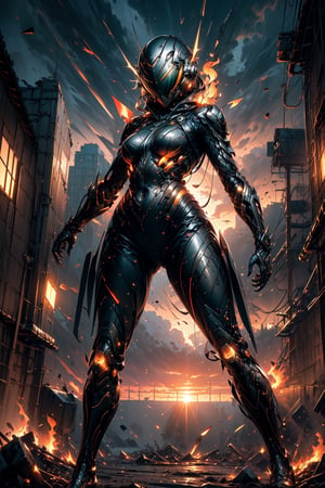  (((alone:1.2))), (((solo:1.2)),masterpiece,best quality,High definition, high resolution, a  25 years old woman in pilot suit, ornament detail pilot suit, sunset behint,, helmet pilot suit, outdors, metal claws
