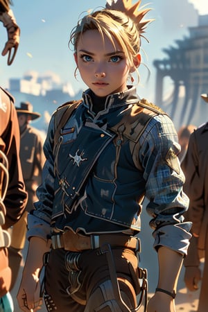 (Alone:1.5), (Solo:1.5), ((Cowboy shot:1.5)), realistic, masterpiece,best quality,High definition, (realistic lighting, sharp focus), high resolution,volumetric light, outdoors, dynamic pose, RH, a 25 years old woman, pony_tail, folded ponytail, military uniform, ((medium breats:1.4)), focus face, looking away, hair movement, hourglass body