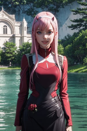 ((alone:1.5)). ((Solo:1.5)), ((MEDIUM FULL SHOT:1.5)),realistic, masterpiece,best quality,High definition, , high resolution,,A 25 years old woman, zero_two, outdoors, SFW, portrait, park,   professional lighting, moon, Pink hair, long hair, looking away, ((shy smile )), medium breats, hourglass body, flowers, lake, raytracing