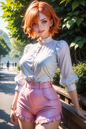 extremely detailed, (masterpiece, top quality, best quality), high resolution, absurd, 1 girl, alone, lilith vegapunk, orange hair, orange eyes, hair over one eye, smile, blouse with ruffles on the shoulders, white blouse, scalloped shorts, pink shorts, 1 girl, red eyeshadow, blue eye makeup,outdoors