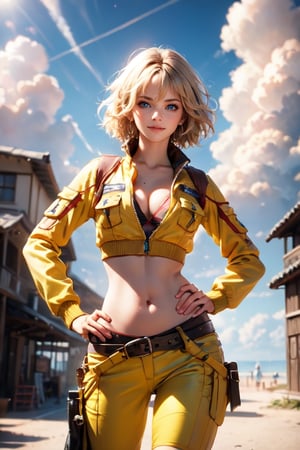 medium full shot, realistic, masterpiece,best quality,High definition, high resolution, BREAK,a 35yo woman in a yellow mechanic suit,  shiny skin, looking at viewer, wide hips, thin waist, Blonde hair, hair movement, hair beetween eyes, blue eyes, cloudy sky, Dynamic pose,volumetric light, BREAK, shy smile, hand on hips, beautifull day in the beach, short hair, light fog,cindy aurum, mechanical workshop
