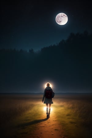 realistic, masterpiece,best quality,High definition, high resolution, ((volumetric light)), ,a woman walking, Starry sky, grass, fullmoon, moon light