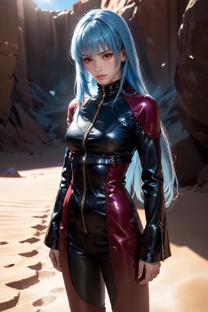 ((Alone:1.4)), ((Solo:1.4)), ((MEDIUM FULL SHOT:1.5)),realistic, masterpiece,best quality,High definition, (realistic lighting, sharp focus), high resolution,volumetric light, outdoors, dynamic pose, ,KOFKulaD, long hair, blue hair, red eyes, bangs, desert, noon, intense and shimmering sunlight