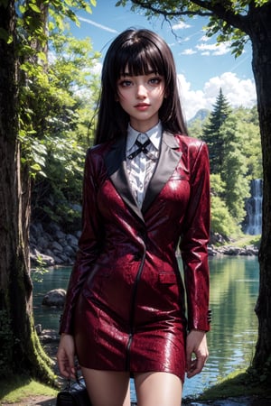 ((alone:1.5)). ((Solo:1.5)), ((MEDIUM FULL SHOT:1.5)),realistic, masterpiece,best quality,High definition, , high resolution,,A 25 years old woman, yumeko jabami, blazer, looking at viewer, smug, smile,pastelbg, outdoors, park, lake, trees, sun raytracing , long hair, brunette hair, red dress, hair movement, shy smile, 