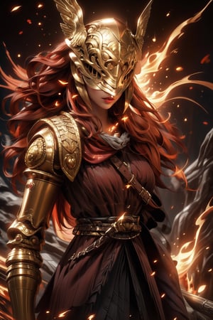 ((medium full shot:1.5)), (masterpiece, best quality:1.1),fantasy, intricate, illustration ,soft lighting, specular lighting, extremely detailed, hyper detailed, realistic, perfect face, ,sharp focus, (4k), 1girl, malenia blade of miquella, castle background, ((covered eyes)),((winged helmet)), (golden particles effect:1.4),(red flames of rot:1.2),midjourney, close, red hair,
