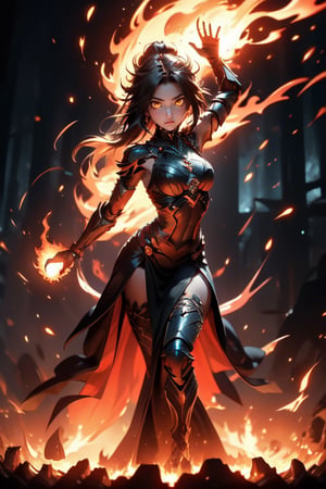 A fiery vision: A woman stands boldly in a darkened room, her hand engulfed by a blazing fireball. The flames dance across her palm, casting a warm glow on her determined face. Her other hand grasps the base of the inferno, her posture strong and unyielding. Shadows cast eerie silhouettes behind her, while the fiery orb dominates the frame. glowing eyes,  long hair