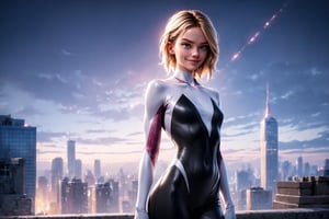 (Alone:1.5), (Solo:1.5), ((Medium full shot:1.5)), realistic, masterpiece,best quality,High definition, (realistic lighting, sharp focus), high resolution,volumetric light, outdoors, dynamic pose, BREAK, a 25 years old woman like a Emma Stone
on top of a building during a starry night, spidergirl, hair movement, blond_hair, blue_eyes, focus face,  looking away, Smile,gwen,spider_girl,comic, city light, medium breats, short hair, standing pose