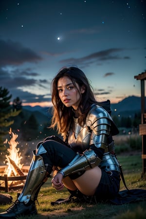 a young woman sitting next to a bonfire at night, looking away, knight armor, front view, 