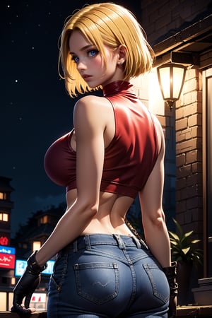 From behind, from bellow, (best quality, masterpiece:1.2), ultra-detailed, blue_mary, 1girl, breasts, belt, navel, solo, pants, jeans, midriff, denim, turtleneck, sleeveless, (red crop top:1.4), torn clothes, (park, night), large breasts, torn pants, bare shoulders, shirt, brown belt, building, looking at away,red sleeveless turtleneck, blonde hair, black gloves, hair movement, 