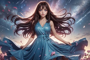  (alone:1.5),Masterpiece, Best Quality, Photorealistic, High Resolution, 8K Raw), smile, 1 girl, solo, long hair, (brown hair, bangs:1.1), big breasts, Light, busty and sexy girl, wearing a flowing dress with a starry sky pattern and flowers, starry dress, ((shy smile:1.5)), hair movement, brunette hair, juicy lips, tight dress, make up, looking away,kanamechidori, (petals:1.5), (Shooting Star behind:1.4)