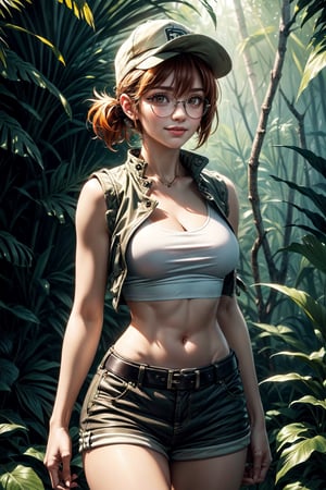 ((Alone:1.4)), ((Solo:1.4)), ((MEDIUM FULL SHOT:1.5)),realistic, masterpiece,best quality,High definition, (realistic lighting, sharp focus), high resolution, volumetric light, outdoors, dynamic pose, ,KOFKulaD, ((a 25 years old woman in a dense jungle)),((thin waist, wide hips)), ((Huge breats:1.2)) ,FioDef, hair between eyes,fiodef, orange hair, hat, baseball cap, crop top, shorts, midriff, vest, navel, belt, short shorts, tank top, cleavage, brown shorts, looking away, ((shy smile)), light ray tracing