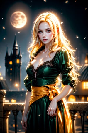 ((Alone:1.4)), ((Solo:1.4)), ((MEDIUM FULL SHOT:1.5)),realistic, masterpiece,best quality,High definition, (realistic lighting, sharp focus), high resolution, ((volumetric light)), outdoors,  , ((a 25 years old woman on a desolate castle in the midnight)),((thin waist, wide hips)), ((large breats:1.5)),  hair between eyes, ((looking  at viewer)),  ,MariaRenard,1 girl,Maria  fog, forest, castle behind, neutral face, closed mouth, blonde hair, ((night:1.5)), red moon, 