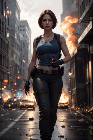 masterpiece, best quality,(extremely intricate), (realistic),Medium full shot, jill valentine, police_uniform, ((serious face)), outdoors, ((ruined city)), ((zombie hordes behind)), looking away, ,fantasy00d,jill valentine, atletic body, flames, holding a handgun, volume,1 girl, police pants