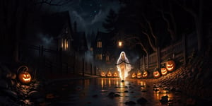(((solo,:1.2,Alone:1.2))),1girl, ghost female, hide face, floating body,large breats, walking on cementery, light fog, night, halloween_2019, halloween pumpkins, starry_night, lights, night light