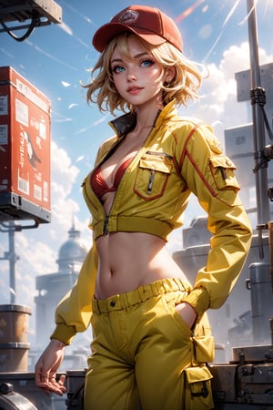 medium full shot, realistic, masterpiece,best quality,High definition, high resolution, BREAK,a 35yo woman in a yellow mechanic suit,  shiny skin, looking at viewer, wide hips, thin waist, Blonde hair, hair movement, hair beetween eyes, blue eyes, cloudy sky, Dynamic pose,volumetric light, BREAK, shy smile,   short hair, light fog,cindy aurum, mechanical workshop, red hat, orange bra, oil stains on clothes, closed shirt, yellow mechanical pants

