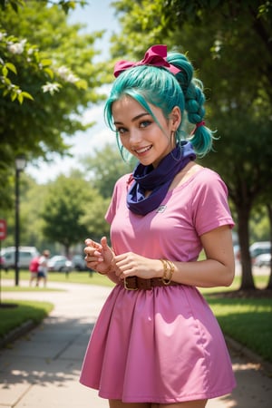  (((happy, big smile, solo, looking at viewer))),(masterpiece, best quality),bulma, 1girl, solo, blue eyes, blue hair, aqua hair, single braid, braided ponytail, hair ribbon, red ribbon, hair bow, earrings, short dress, pink dress, vertical-striped dress, short sleeves, belt, clothes writing, , purple scarf. park, outdoors,detailed hands, soft smile, looking away