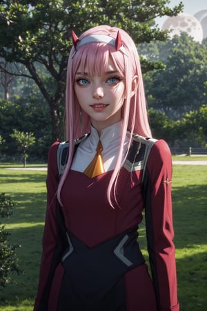 ((alone:1.5)). ((Solo:1.5)), ((MEDIUM FULL SHOT:1.5)),realistic, masterpiece,best quality,High definition, , high resolution,,A 25 years old woman, zero_two, outdoors, SFW, portrait, park,   professional lighting, moon, Pink hair, long hair, looking away, ((shy smile )), medium breats, hourglass body