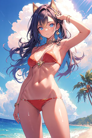 1 girl, Dehya from Genshin Impact in the beach, long hair, red bikini, soft smile, posing for viewer, looking away, taned skin, taned skin, 
wide hip, thin waist