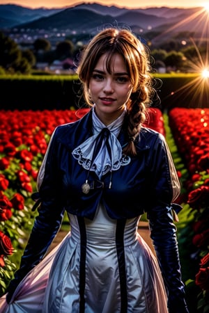 A 25 years old woman field of roses, in the sunset,violet evergarden, braid, hair ribbon,red ribbon, jewelry, white ascot, brooch,blue jacket, long sleeves, brown gloves,white dress, long dress, hair movement,  shy smile, looking away, closed_mouth